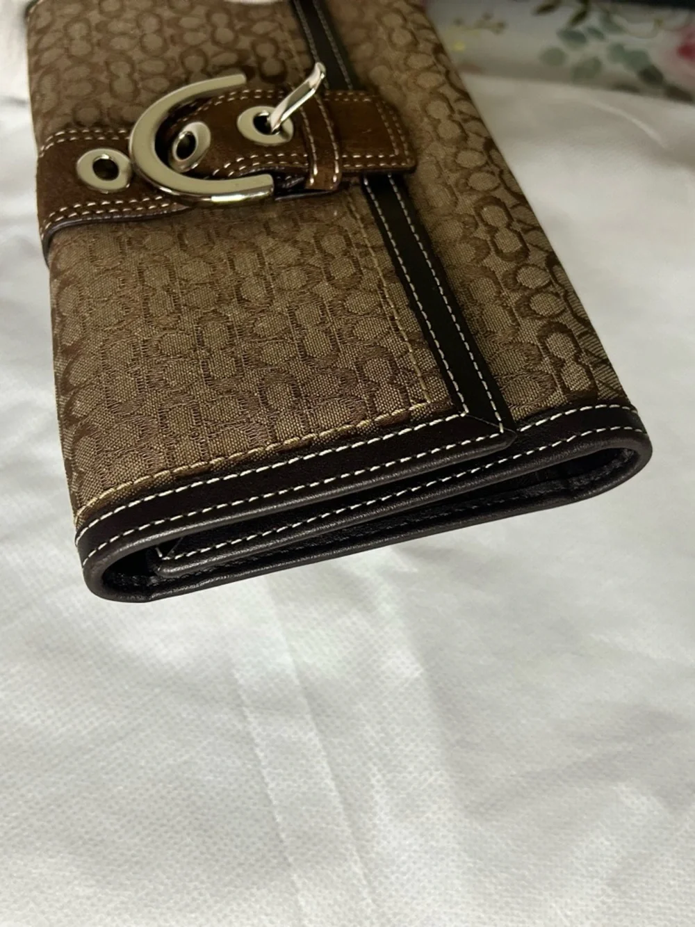Coach Brown Monogram Wallet/ Clutch with Buckle Snap Accent